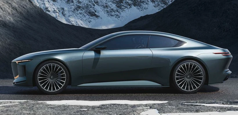 图片展示了宝马Vision Alpina Concept概念车的侧面。车身线条流畅，采用深色上半身与浅色下半身设计，车窗轮廓简洁，车门把手为隐藏式。轮毂造型独特，与车身线条相得益彰。车尾部分线条干净利落，整体造型现代且富有未来感